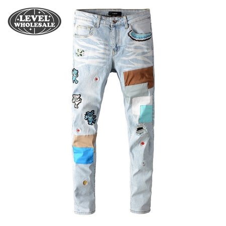 Amiri Bear Patch Rip Jeans Light Blue